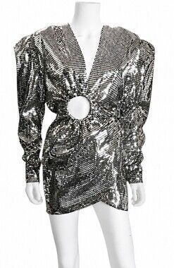 MACH & MACH | SS20 Mirrored Tile Cutout Mini Dress Puff Sleeve Silver M